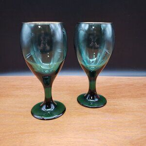 Libbey Teardrop Juniper Wine Glasses Green Gold Rim Vintage USA Set of 2